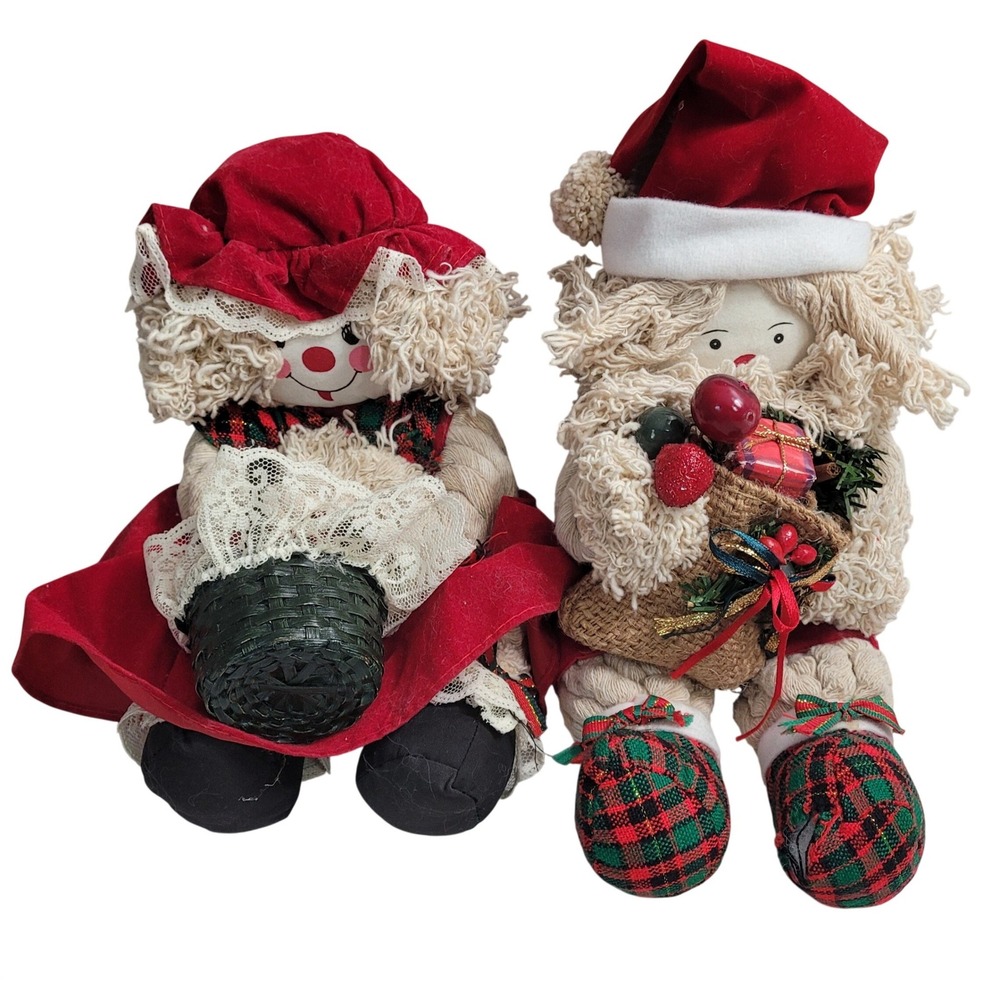 Unbranded Christmas Santa Mr & Mrs Claus Plush Shelf Sitters 12in Red Plaid